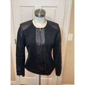 St. John Black Zip-Up Jacket w/ Leather Panels, Size 8